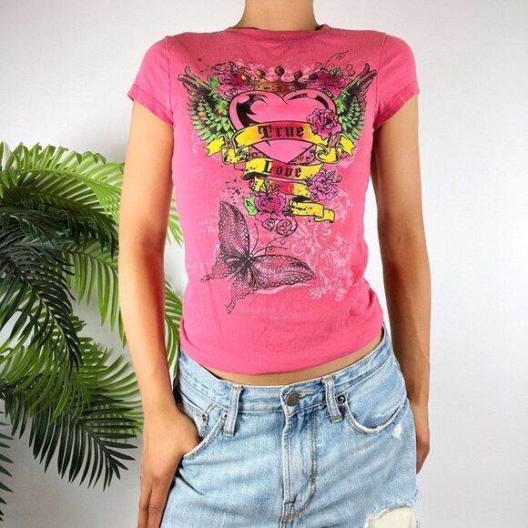 Vintage Y2K Pink Indie Sleaze Grunge Short Sleeve Floral Graphic Tee Shirt / S - Picture 1 of 5